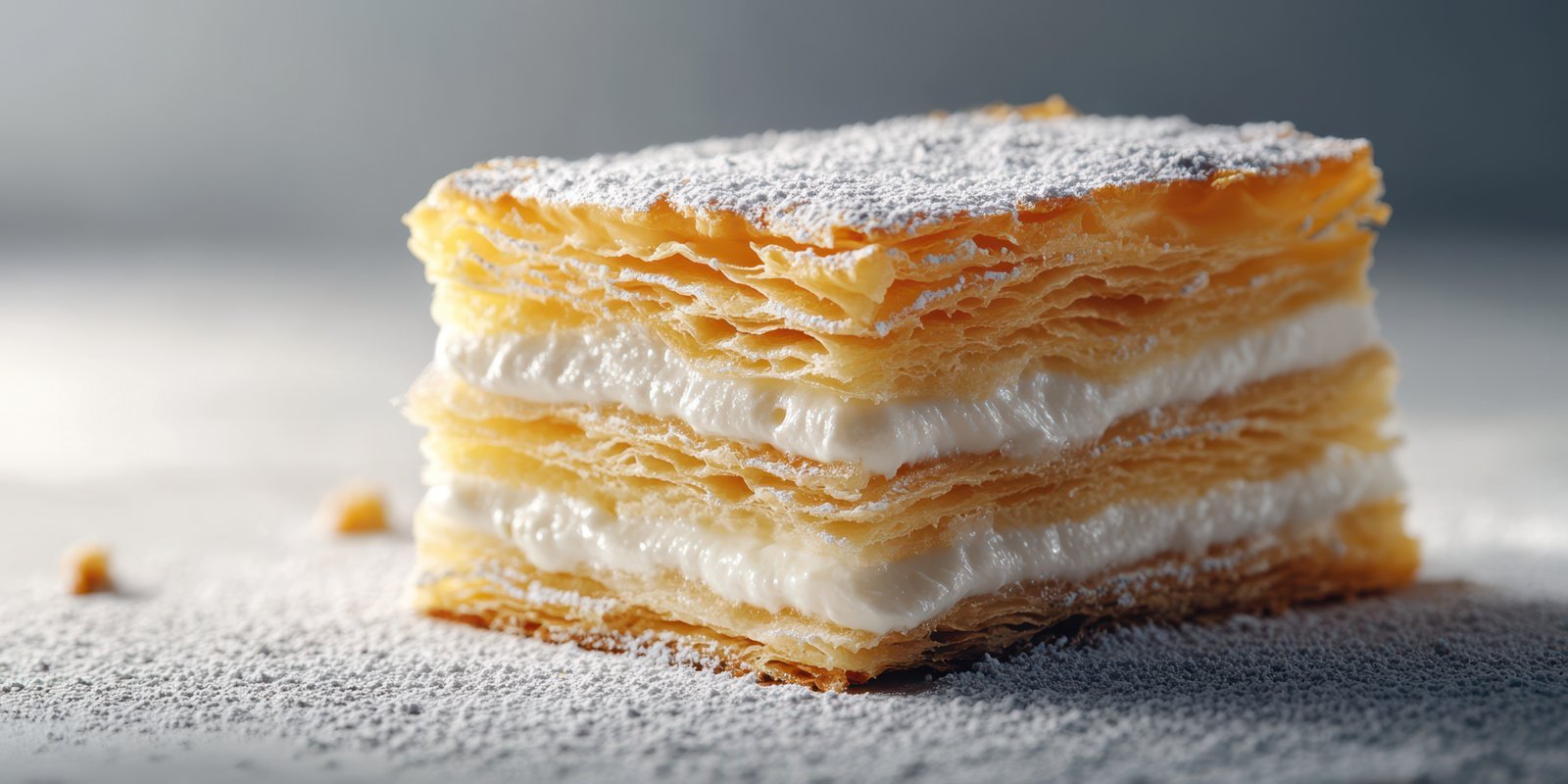 Flaky pastry dessert with layers of cream and powdered sugar captured in soft light